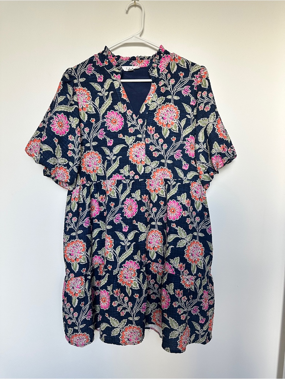 THML Navy Floral Tiered Puff Sleeve Dress with Pink and Orange Blooms - Picture 3 of 12